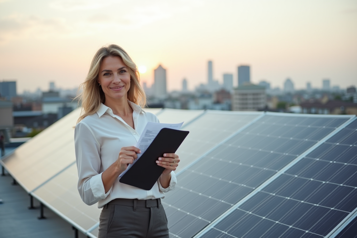 Femme vérifiant des papiers près de panneaux solaires en extérieur