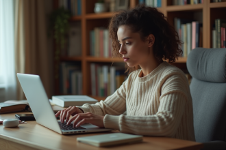 Jeune femme vérifiant ses paramètres de confidentialité sur son ordinateur