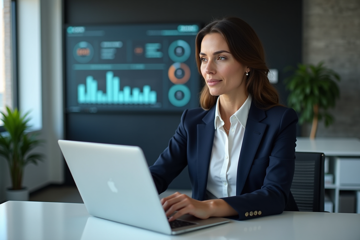 Femme professionnelle analysant des graphiques d'IA sur son ordinateur