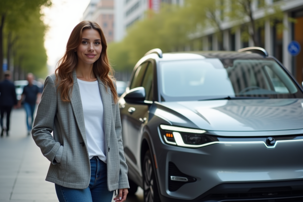 Jeune femme avec capteur ADAS devant SUV électrique en ville