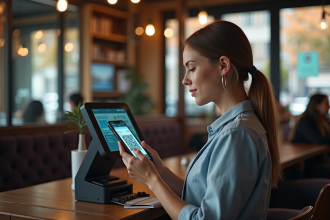 Jeune femme utilisant un smartphone pour scanner un QR code dans un café parisien