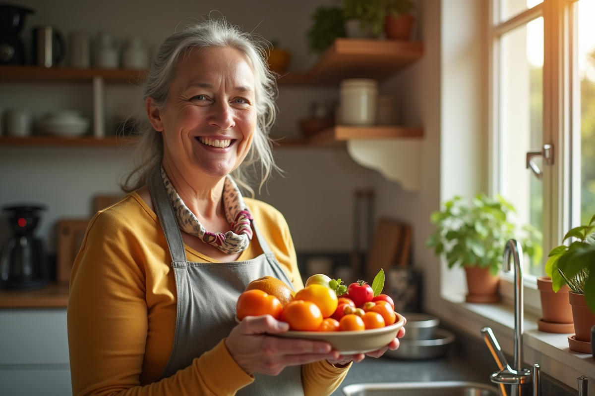 Femme souriante tenant un bol d aliments fermentés
