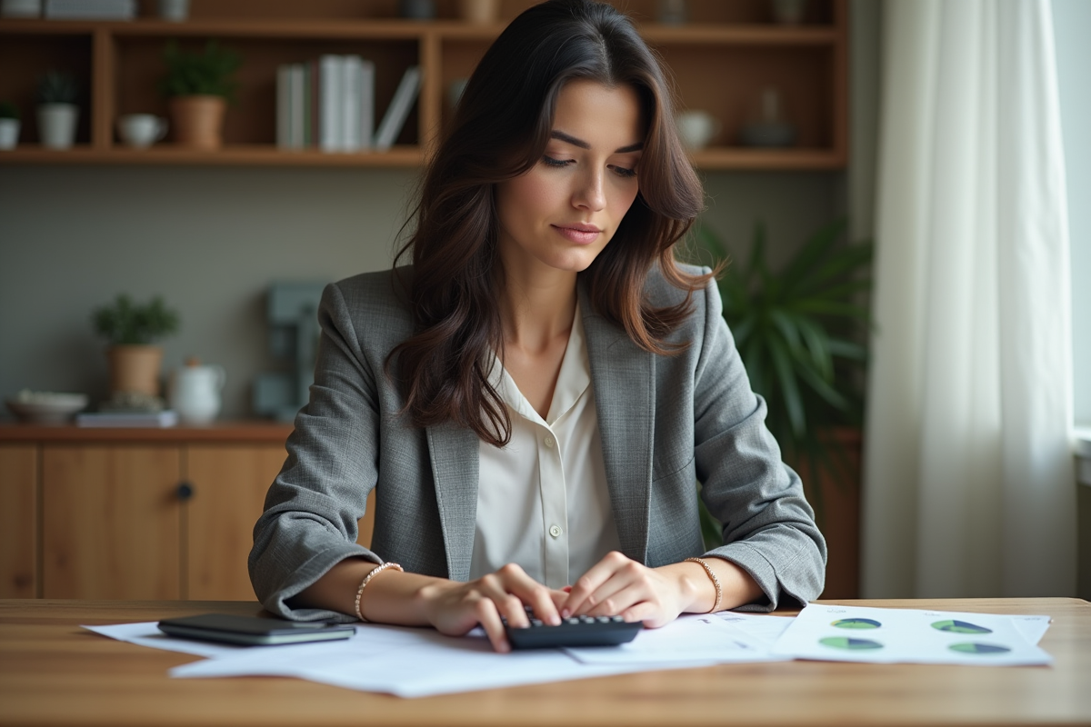 Femme d'affaires assise à la cuisine en train de revoir des documents