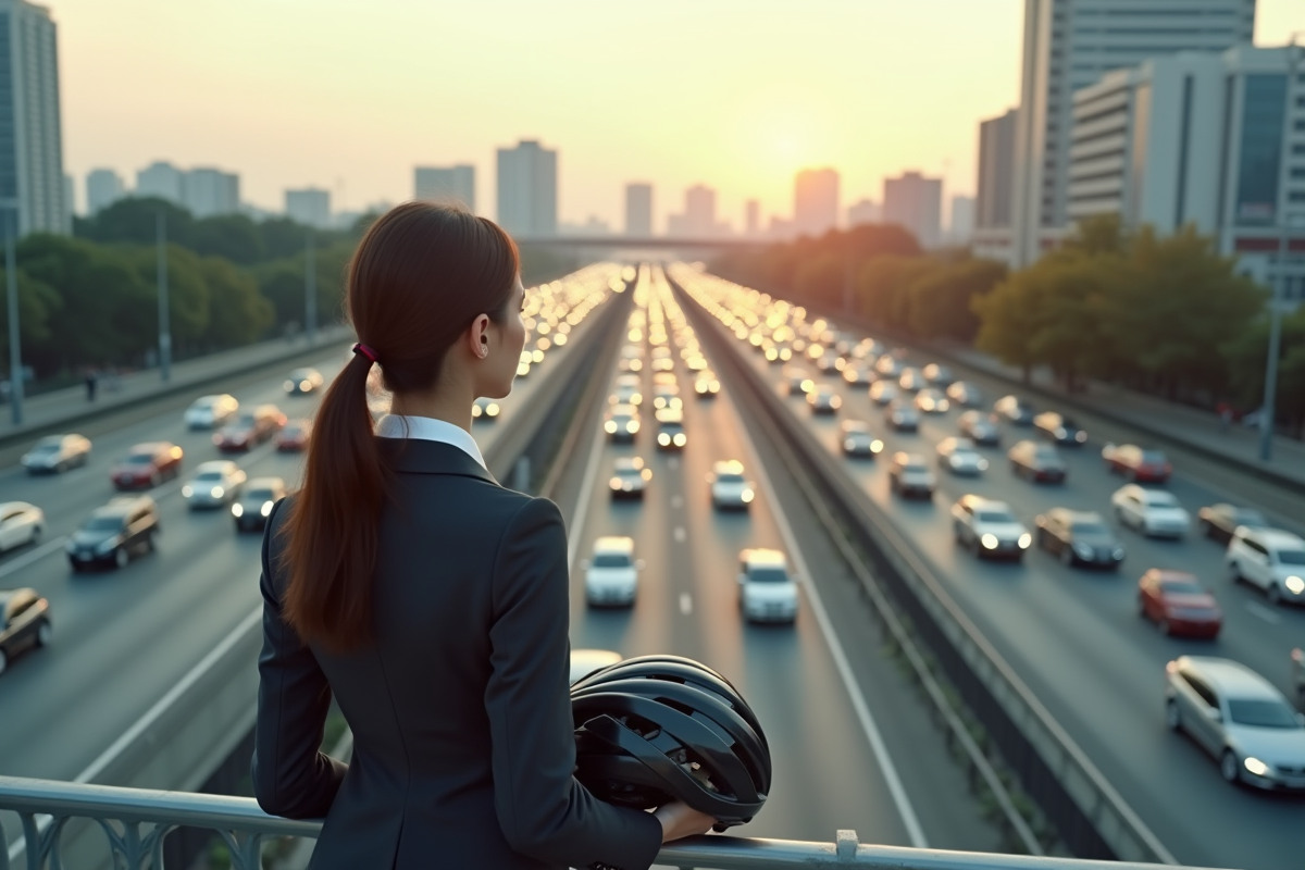 Jeune femme réfléchissant devant un trafic dense en ville