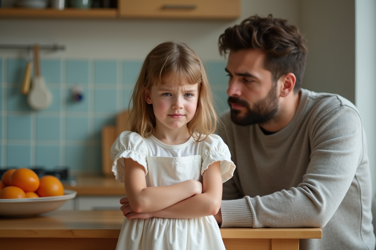 Fille de six ans frustrée devant son père dans la cuisine chaleureuse