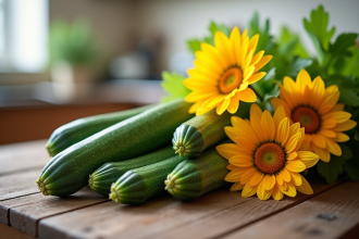 Fleurs de zucchini fraîchement cueillies sur une table en bois