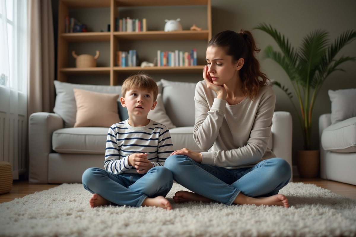 Garçon de six ans assis sur le tapis familial avec sa mère inquiète