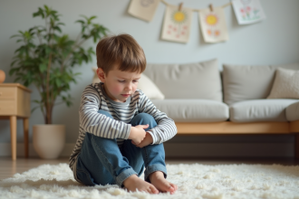 Garçon de 7 ans assis sur le sol d'un salon moderne