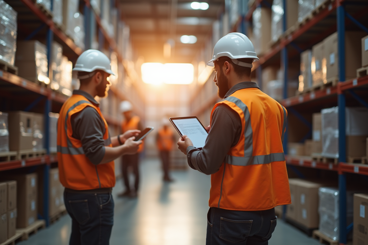 Gestionnaire avec tablette vérifiant le stock dans un entrepôt lumineux