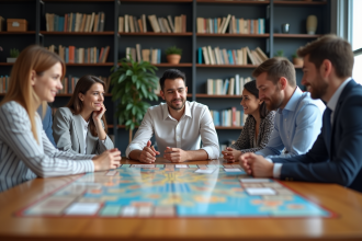 Groupe d'adultes en réunion autour d'un jeu économique