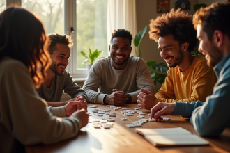 Groupe d'amis jouant à SkipBo autour d'une table ensoleillée