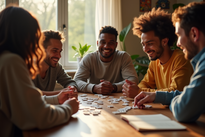 Groupe d'amis jouant à SkipBo autour d'une table ensoleillée