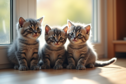 Groupe de chatons gris sur un sol en bois ensoleille