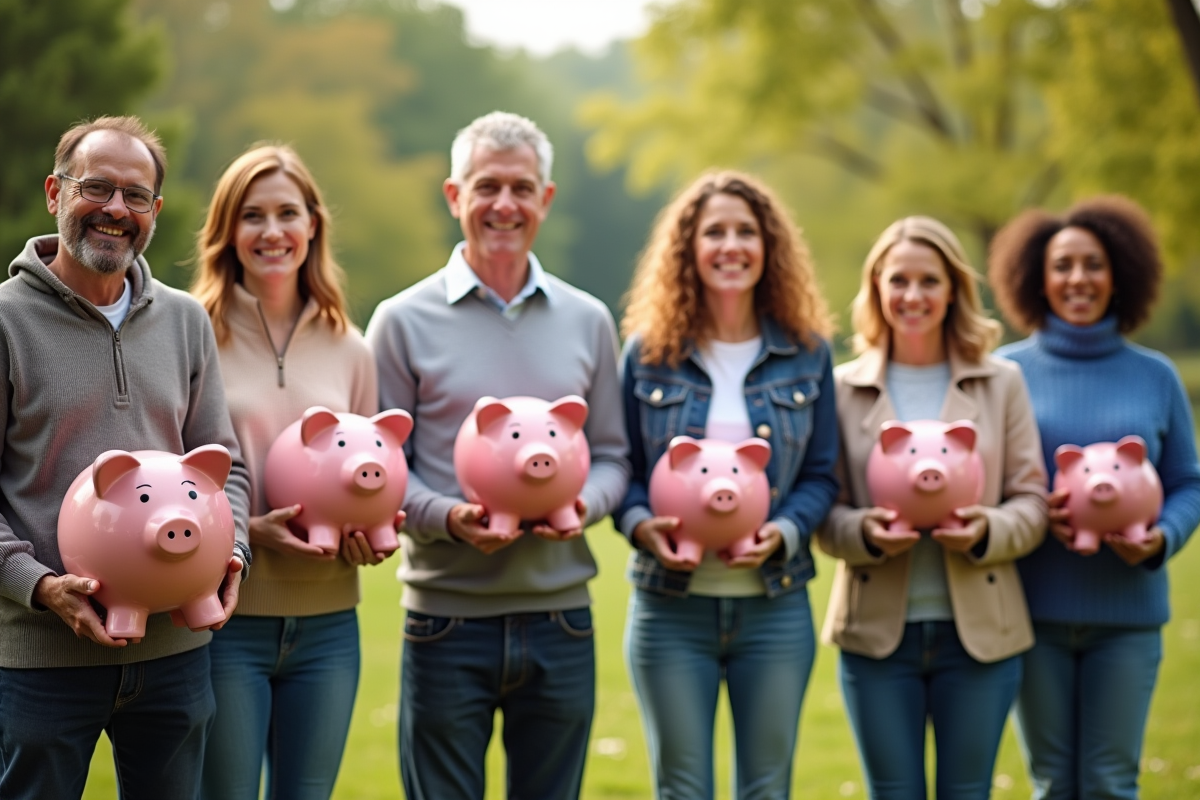 Groupe diversifié de personnes de différentes générations avec des piggy banks en plein air
