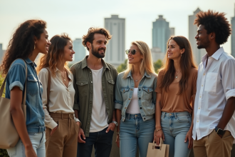Groupe de jeunes adultes en mode durable sur un rooftop urbain
