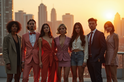 Groupe de personnages TV iconiques inspirés de séries F sur un toit