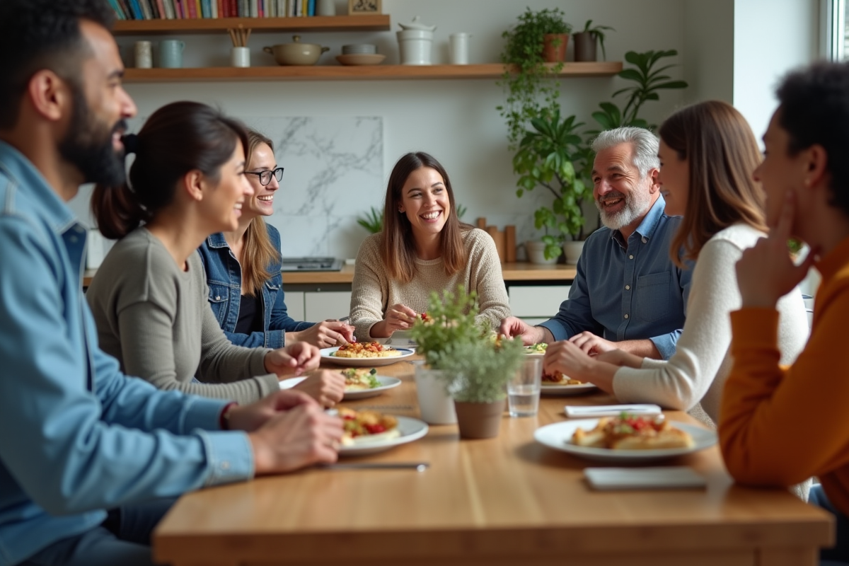 Groupe diversifié partageant un repas convivial à la maison
