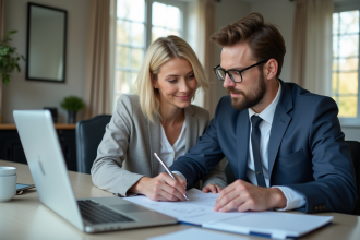 Homme et femme en affaires examinant des documents financiers