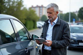 Homme d'âge moyen à côté d'une voiture hybride en parking