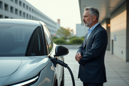 Homme d'affaires regardant une voiture à hydrogène futuriste