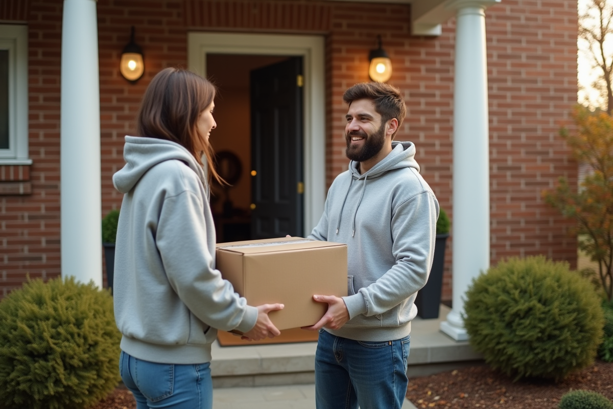 Homme avec colis échangeant avec un voisin devant une maison