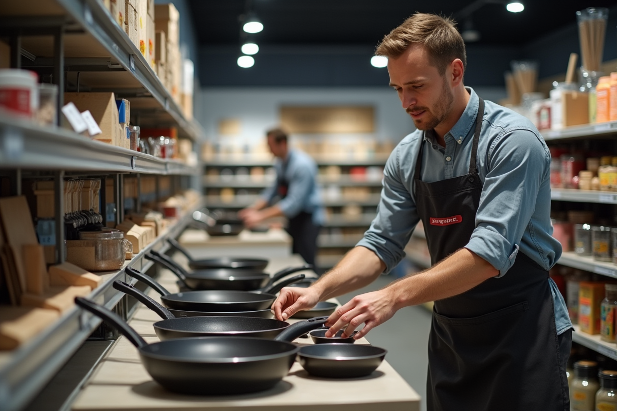 Jeune homme arrangeant des poeles Pradel en magasin moderne