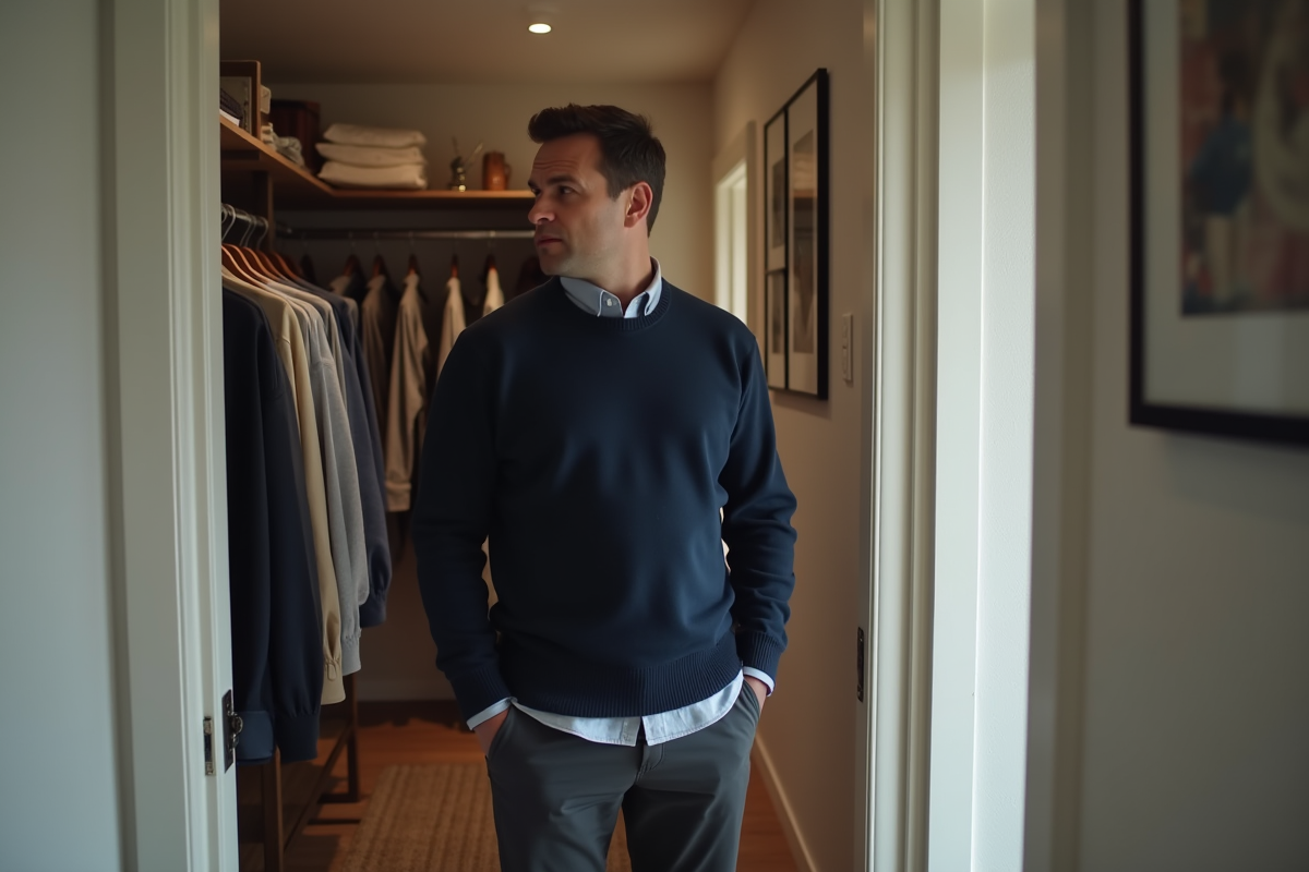 Homme choisissant une chemise dans un placard organisé dans un couloir moderne