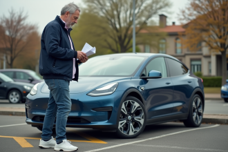 Homme d'âge moyen près d'une voiture électrique en parking