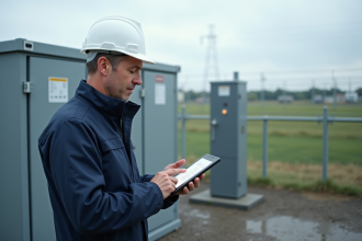 Ingénieur en veste de travail analyse une batterie d'énergie