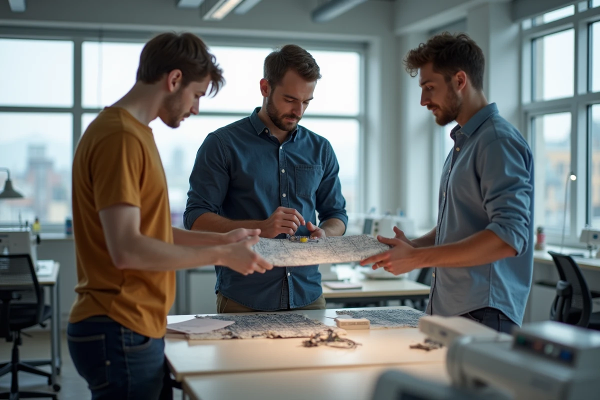 Jeune ingénieur montrant un dispositif textile à ses collègues