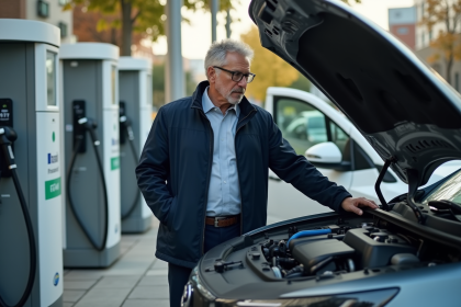 Ingénieur homme examine une voiture hydrogene en station urbaine