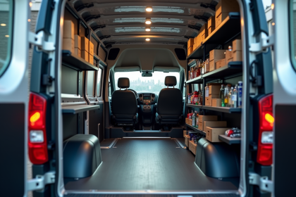 Intérieur organisé d'un Peugeot Expert van avec étagères et outils