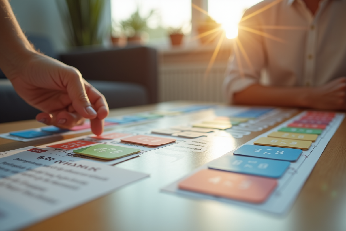 Gros plan sur une partie de SkipBo avec cartes colorées en cours