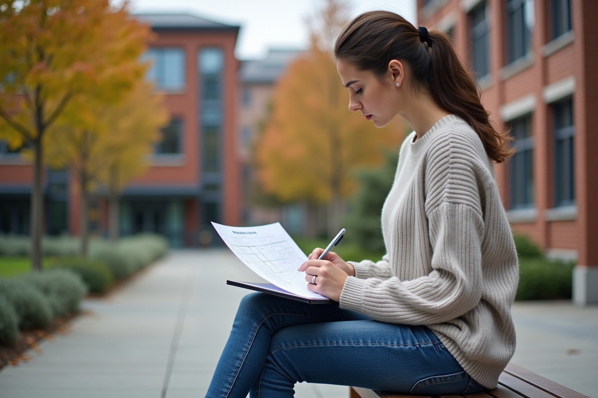 Jeune femme analyse une matrice économique en extérieur