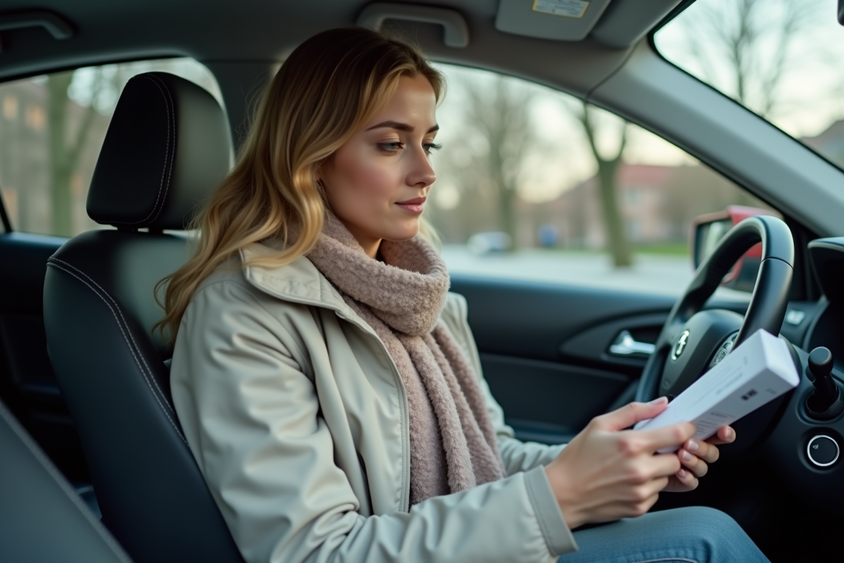 Jeune femme lisant un manuel dans une voiture compacte