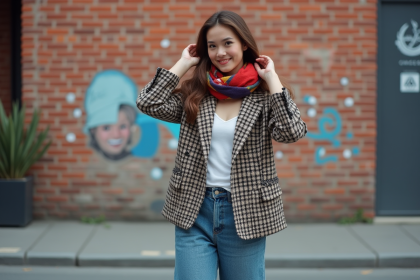 Jeune femme mode en blazer et foulard coloré