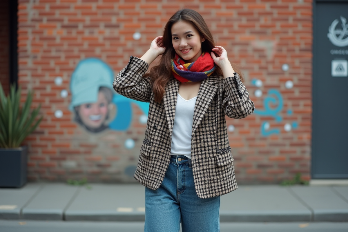Jeune femme mode en blazer et foulard coloré