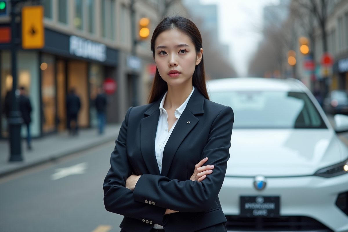 Jeune femme en ville observe une voiture hydrogene avec scepticisme