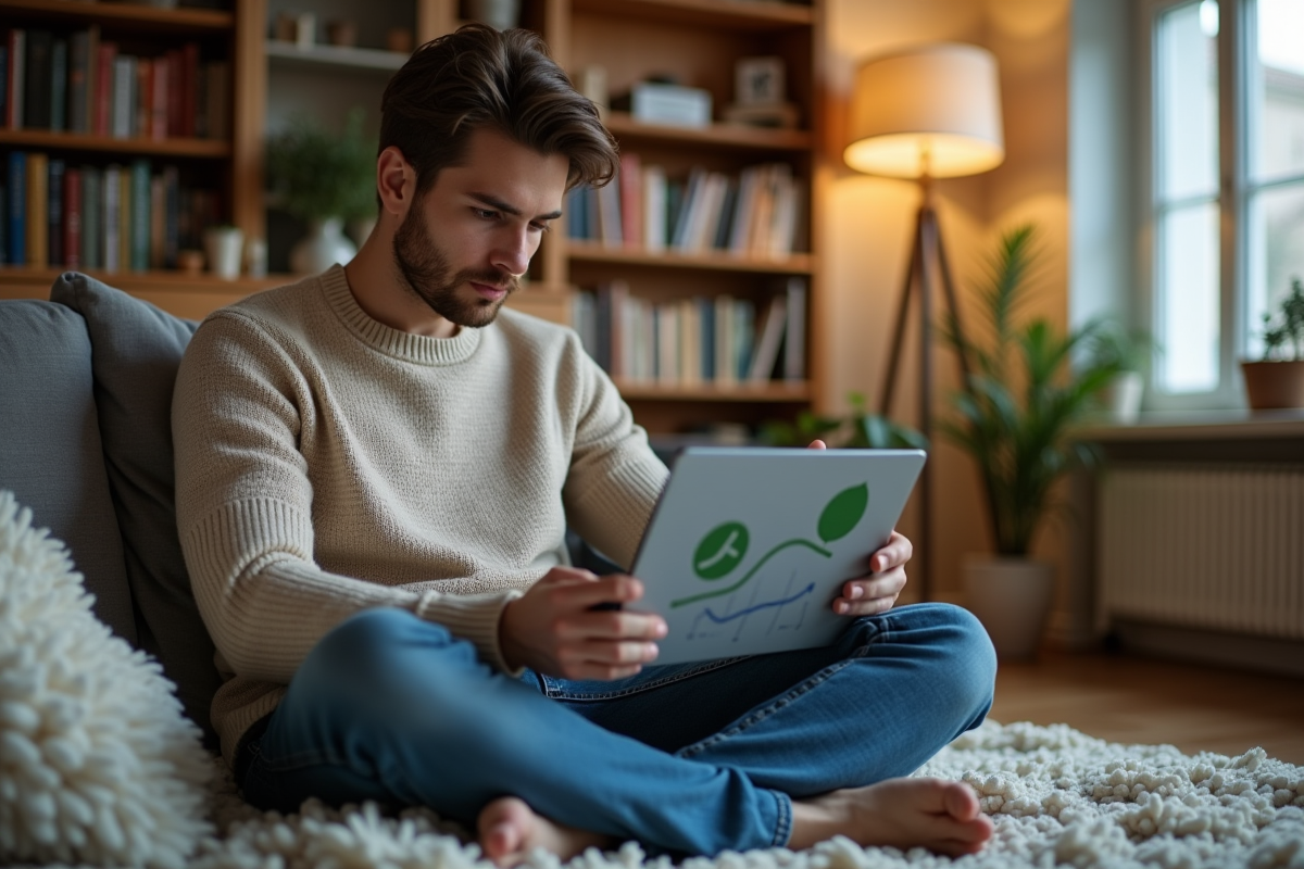 Jeune homme étudiant des investissements durables à la maison