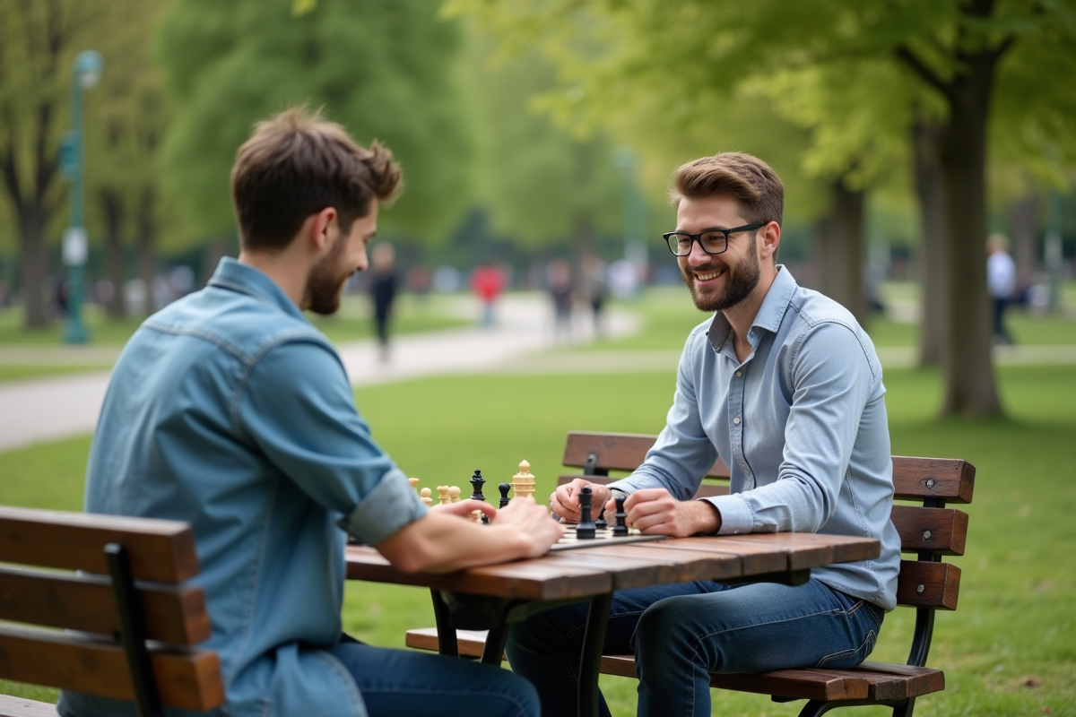 Jeune homme jouant aux échecs dans un parc en plein air