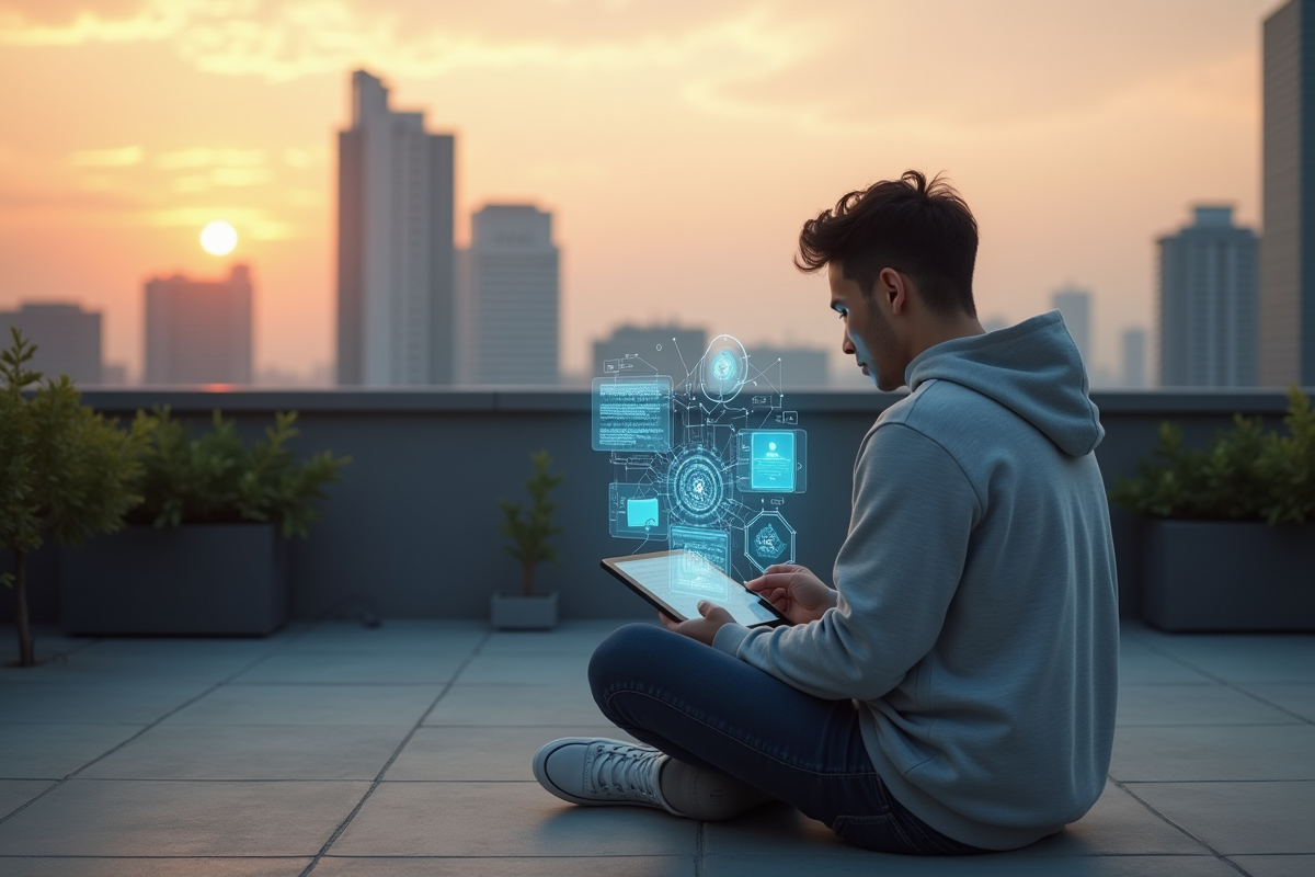 Jeune homme utilisant une interface holographique sur un rooftop urbain