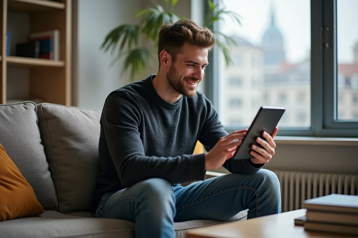 Jeune homme souriant utilisant une tablette chez lui