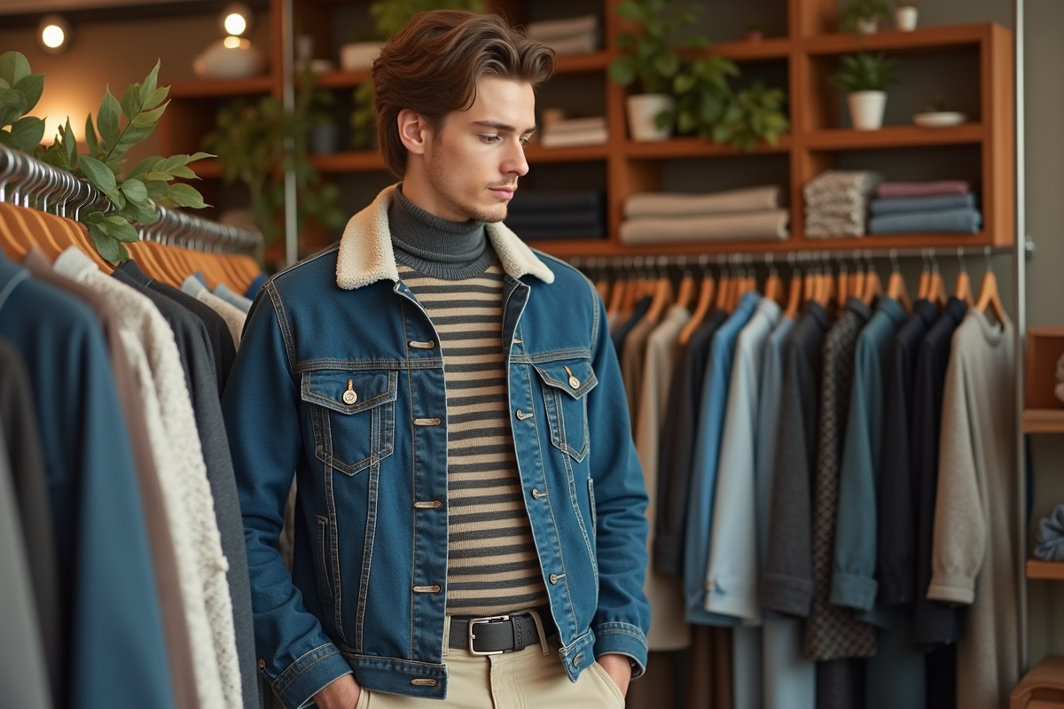 Jeune homme examine vêtements dans une boutique
