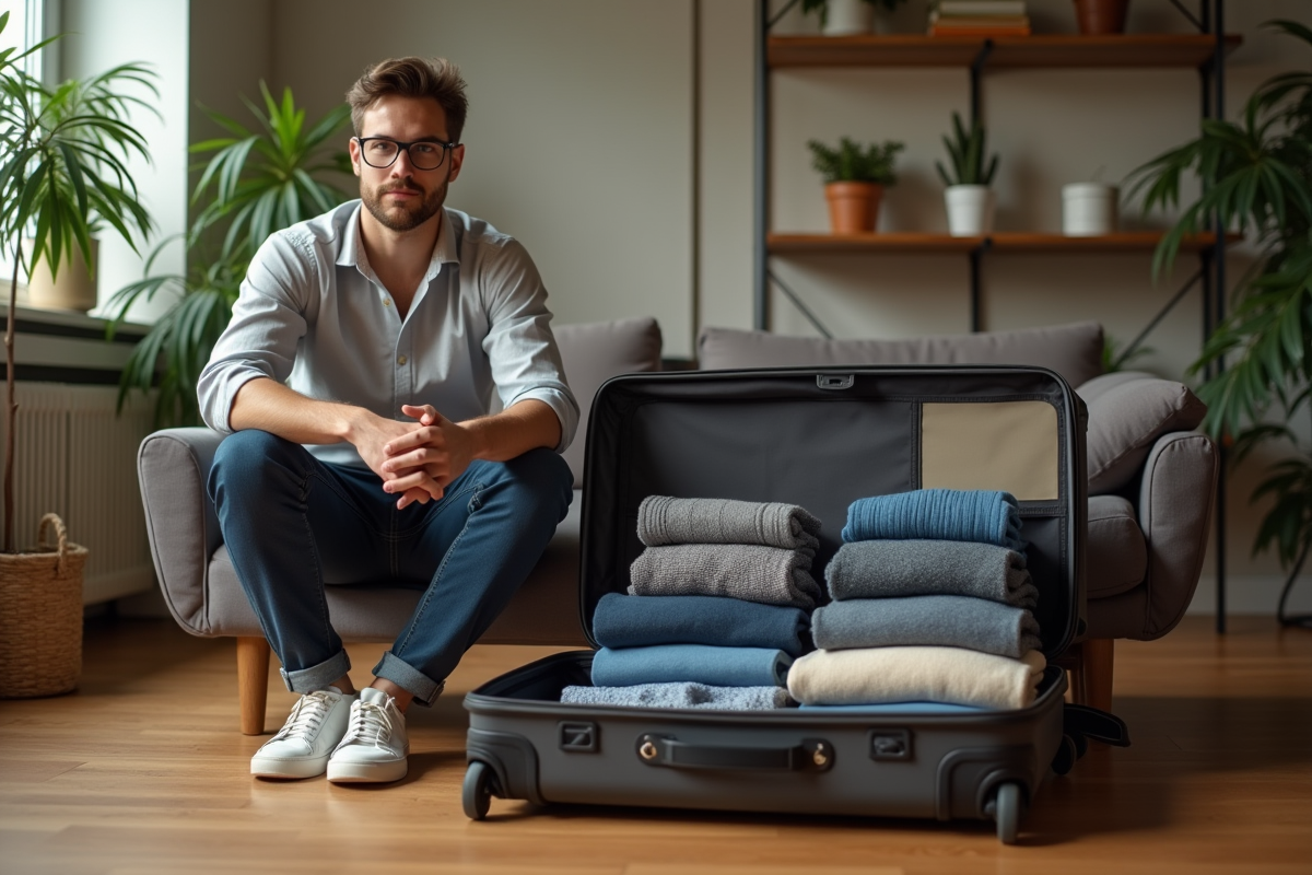 Jeune homme dans un salon urbain avec valise et vêtements pliés