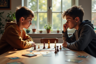 Deux jeunes adultes jouent à un jeu de société stratégique