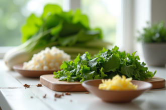 Légumes verts oeufs et natto sur table lumineuse