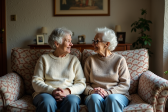 Femme et sa mère assises sur un canapé avec expressions contemplatives