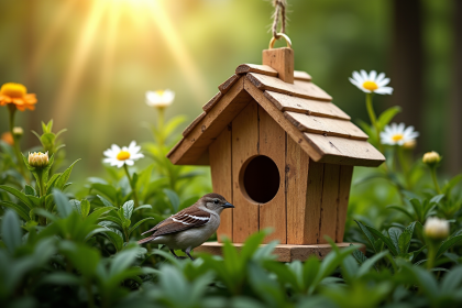 Petit nichoir en bois dans un jardin verdoyant avec un moineau
