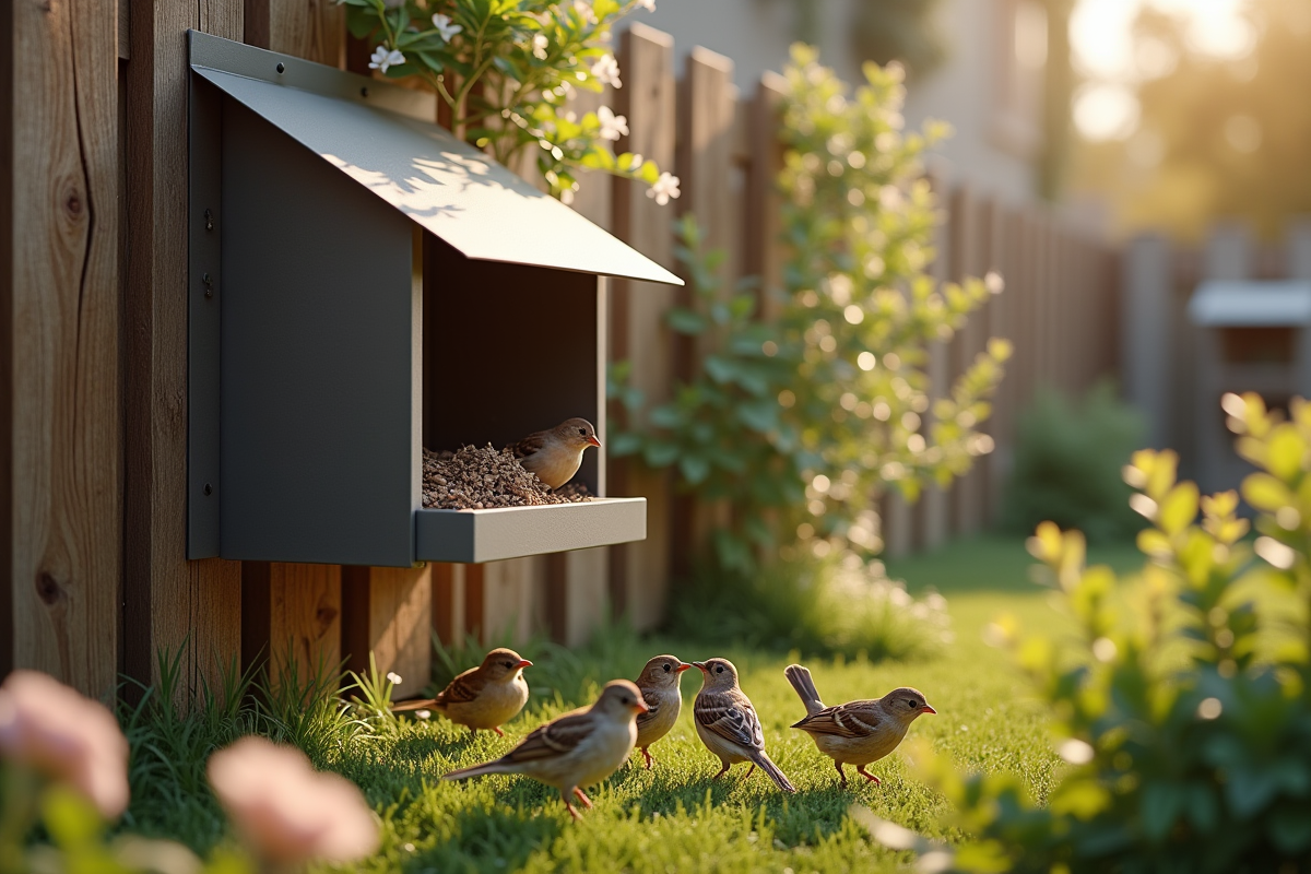 Niche à oiseaux moderne en métal dans un jardin urbain ensoleille