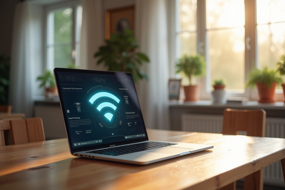 Ordinateur portable sur une table en bois affichant une vitesse wifi élevée dans un intérieur lumineux